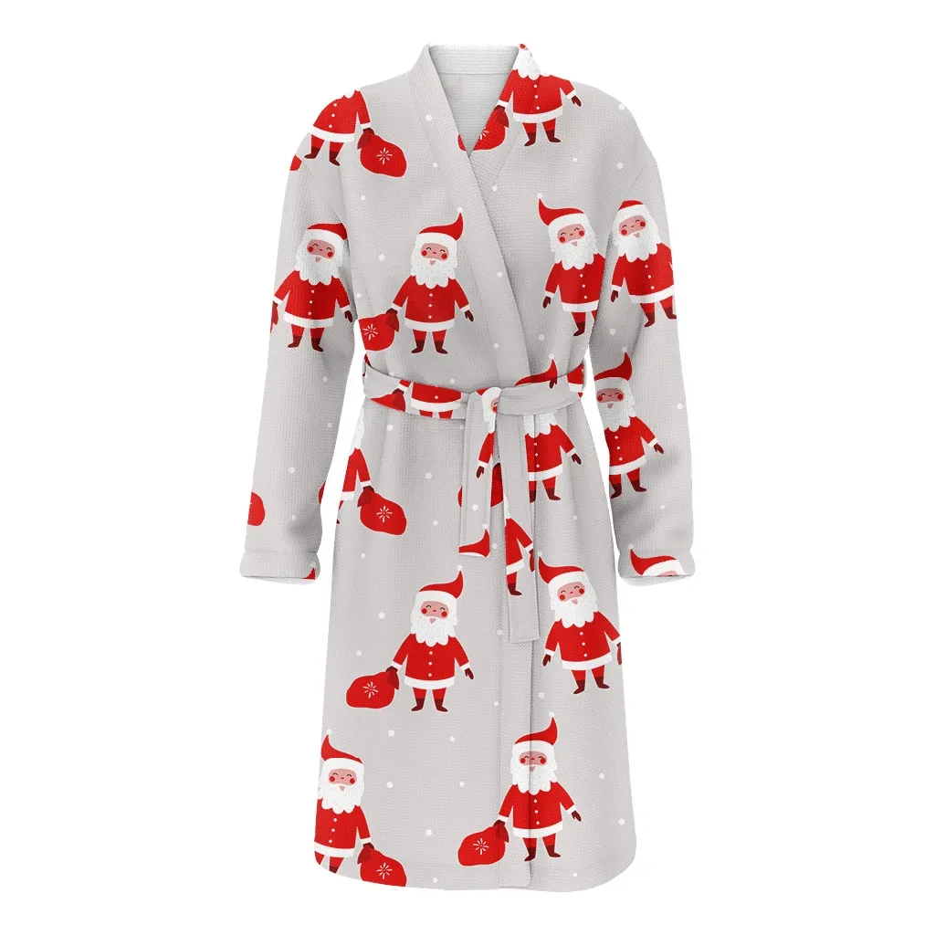 Funny Santa Claus And Gift Bag On Spotted Background Christmas Gift Family Matching Kimono Bathrobe Satin Fleece Robe
