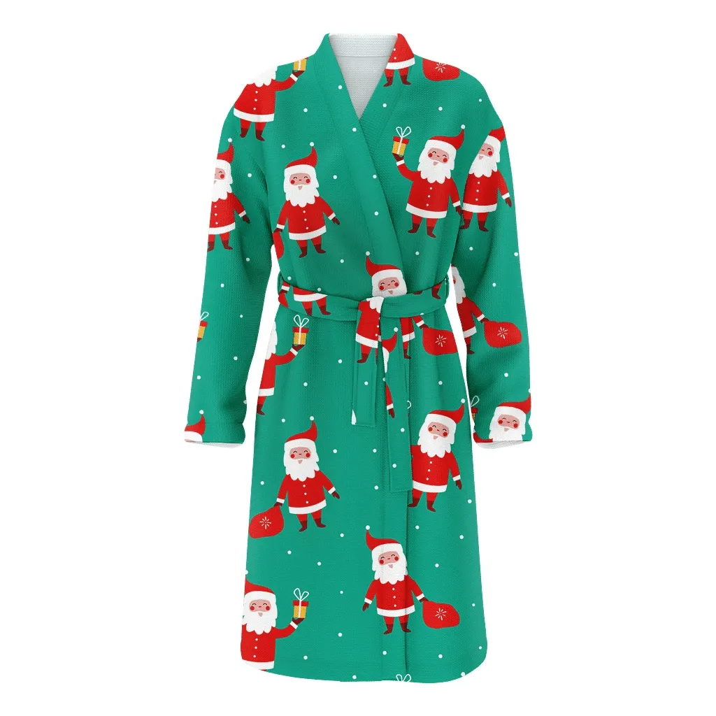 Funny Santa Claus With A Bag Of Gifts Christmas Gift Cartoon Design Family Matching Kimono Bathrobe Satin Fleece Robe