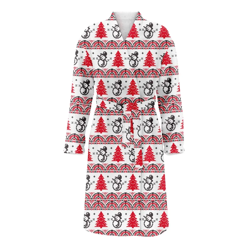 Funny Snowman And Red Christmas Tree Family Matching Kimono Bathrobe Satin Fleece Robe