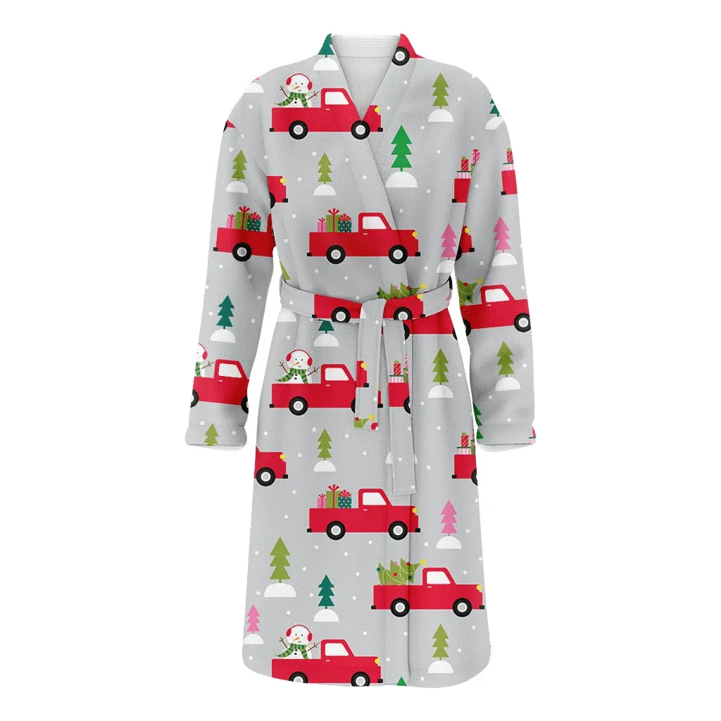 Funny Trip On Red Truck With Snowman And Gift Boxes Pattern Christmas Gift Family Matching Kimono Bathrobe Satin Fleece Robe