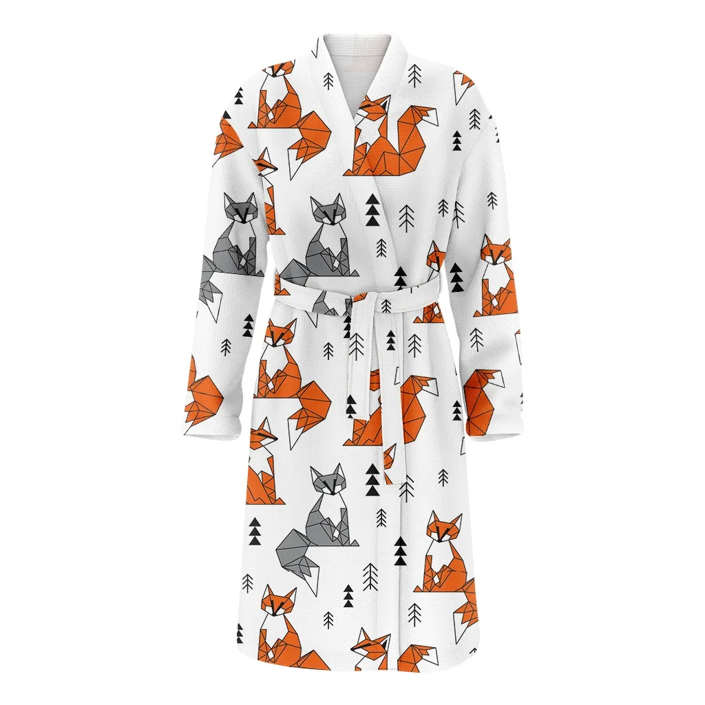 Geometric Fox And Black Tree On White Christmas Family Matching Kimono Bathrobe Satin Fleece Robe