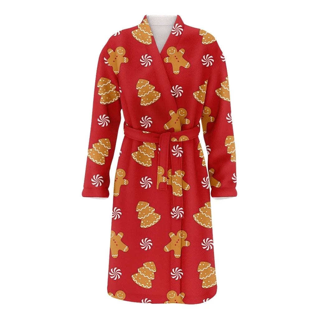 Gingerbread Cookies And Christmas Gift Candy On Red Background Family Matching Kimono Bathrobe Satin Fleece Robe