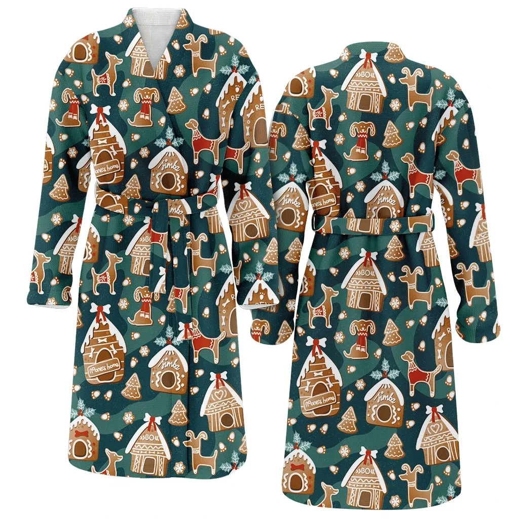 Gingerbread Dog Houses And Dogs Cookies Cakes Christmas Gift Family Matching Kimono Bathrobe Satin Fleece Robe