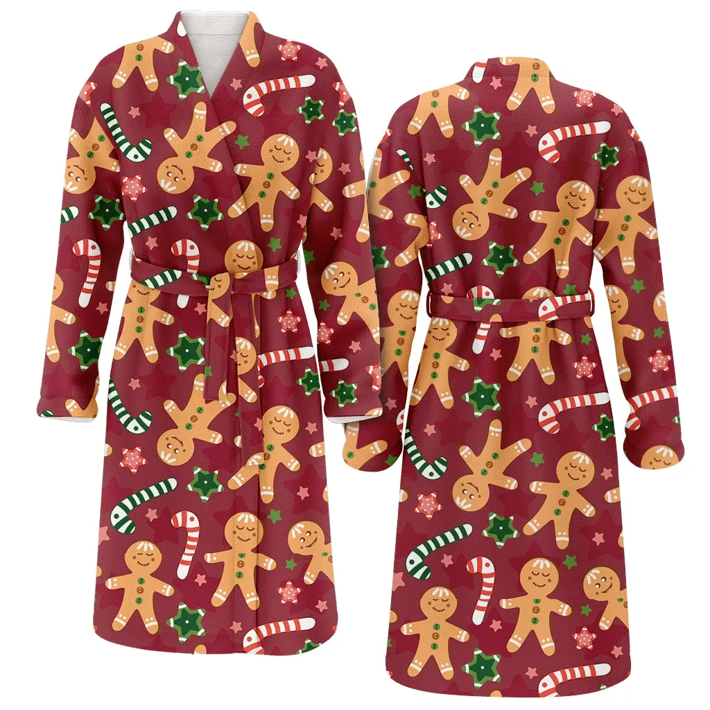 Gingerbread Man Christmas Gift Candy And Stars Family Matching Kimono Bathrobe Satin Fleece Robe