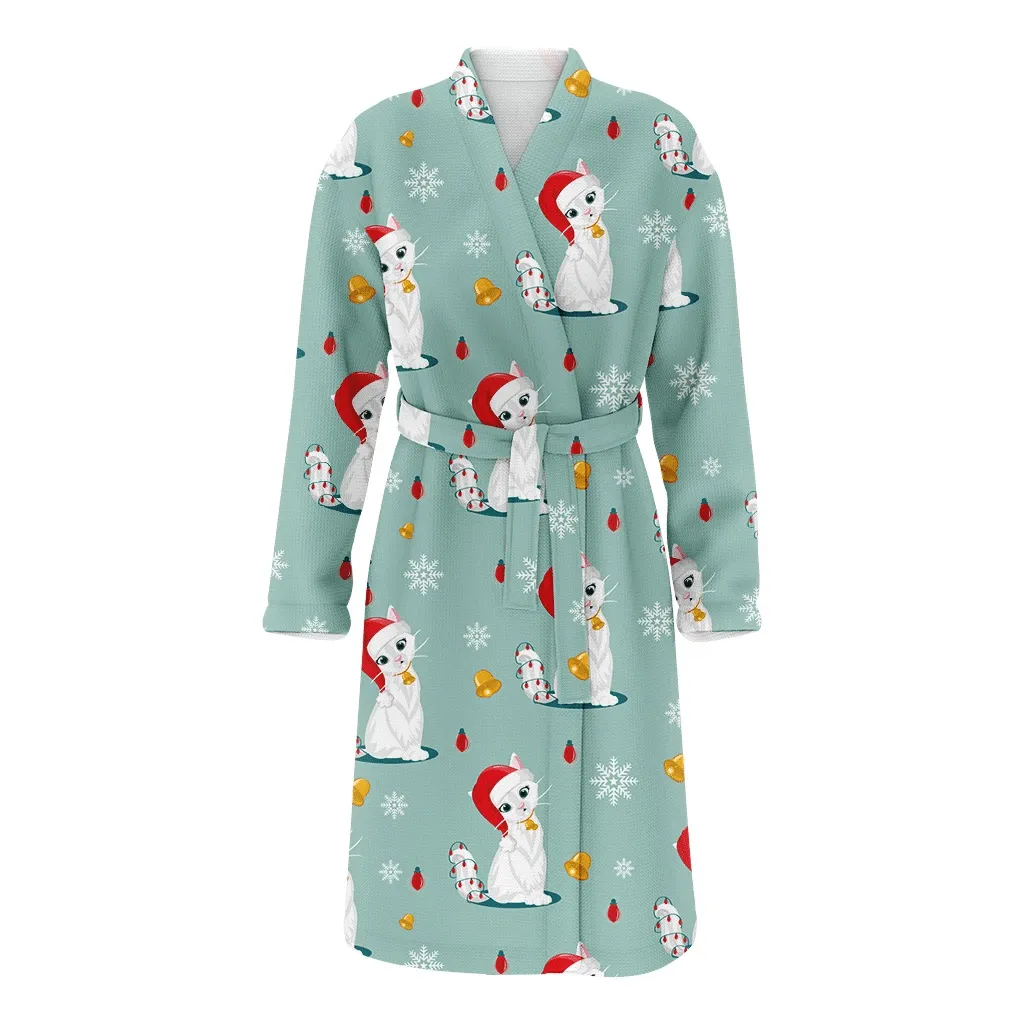 Girly Cat Santa Hat With Snowflakes And Bells Pattern Christmas Family Matching Kimono Bathrobe Satin Fleece Robe