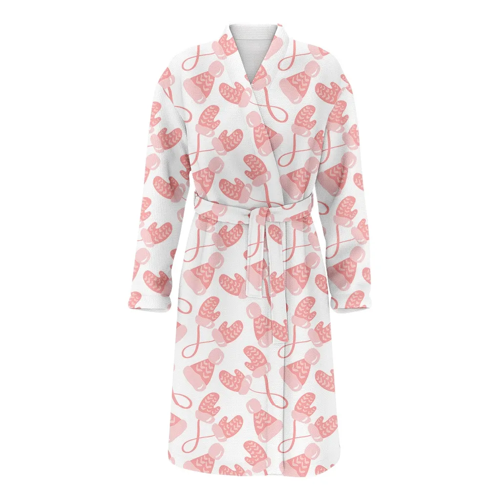 Girly Color Pink Mitterns And Hats On White Background Christmas Gift Family Matching Kimono Bathrobe Satin Fleece Robe