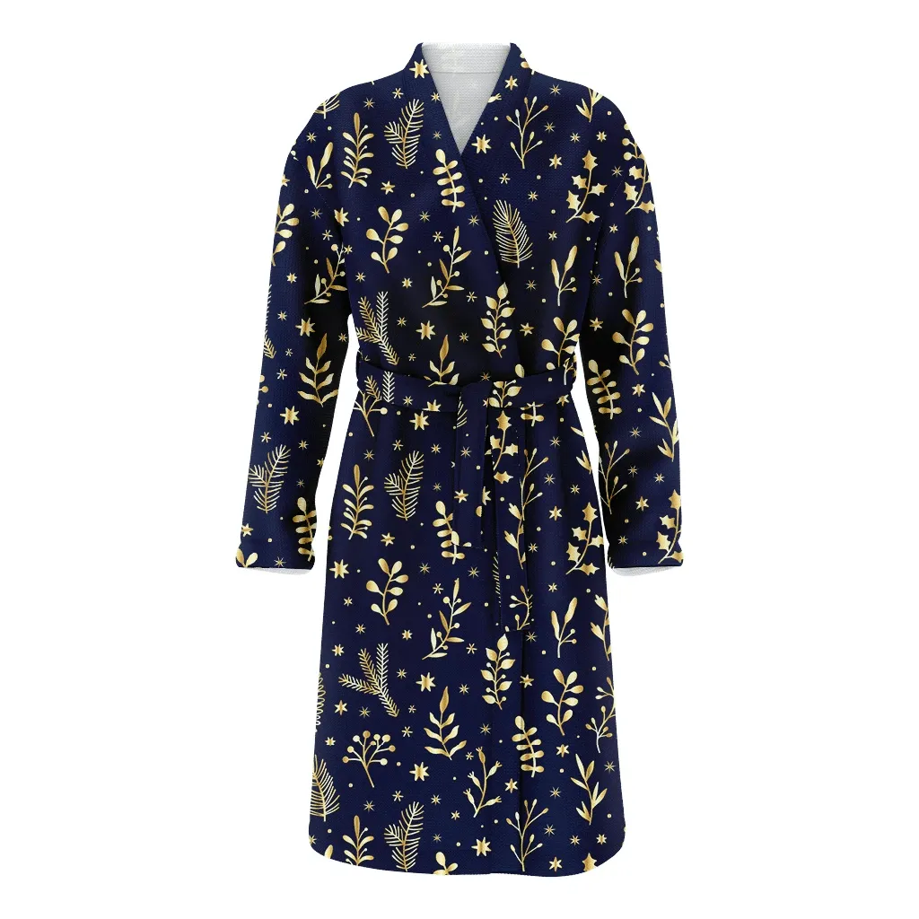 Golden Leaves Branches Berries Floral Illustration On Dark Blue Background Christmas Family Matching Kimono Bathrobe Satin Fleece Robe