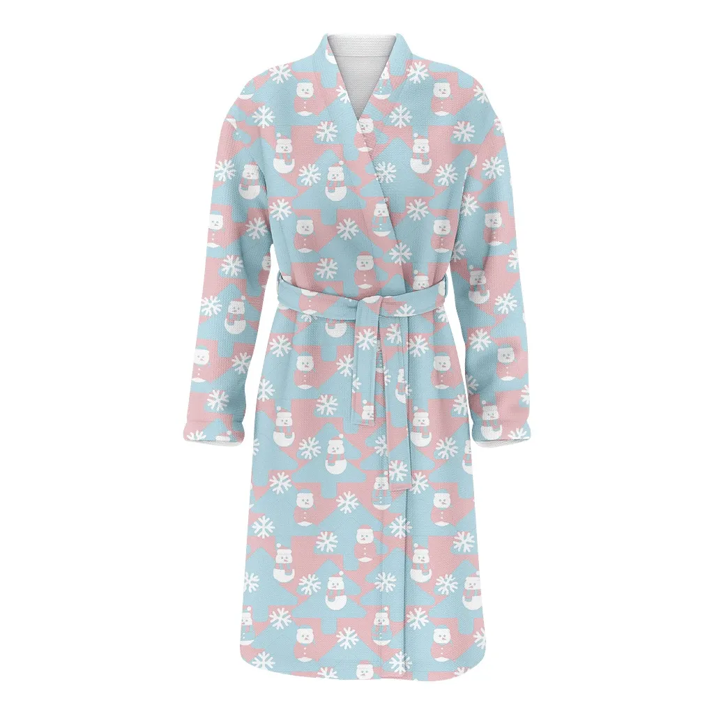 Graphic Design Pink And Blue Snowmans Trees And Snowflakes Christmas Family Matching Kimono Bathrobe Satin Fleece Robe