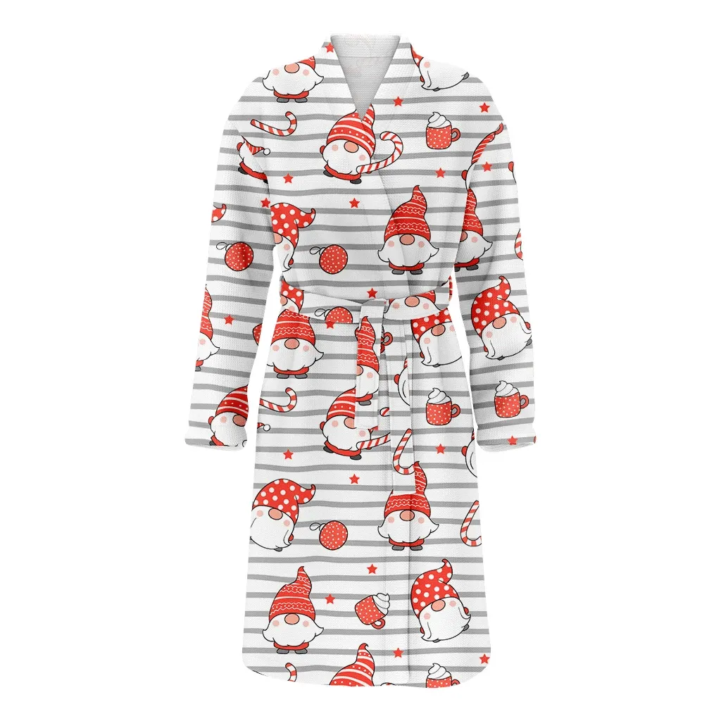 Gray Striped Tiny Gnome And Candies Elements Christmas Family Matching Kimono Bathrobe Satin Fleece Robe