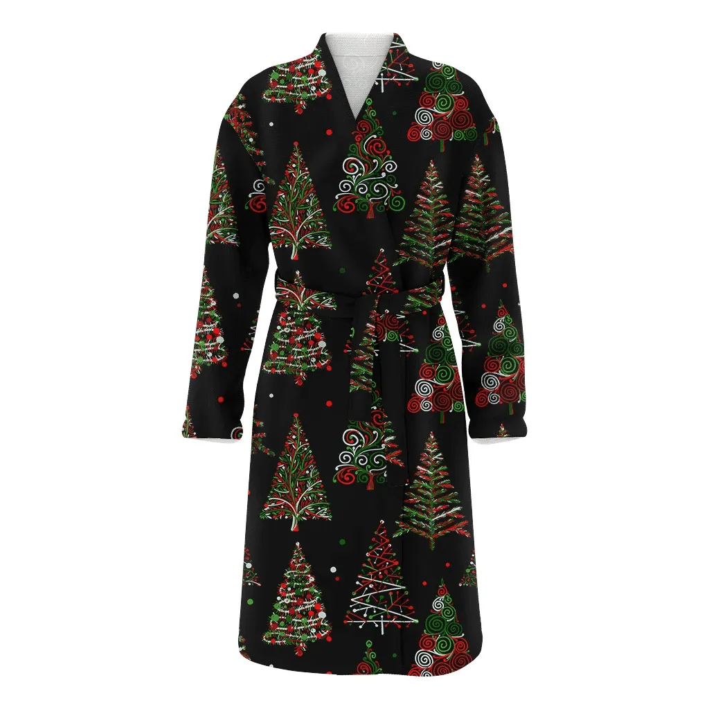 Green And Red Christmas Gift Tree On Black Background Family Matching Kimono Bathrobe Satin Fleece Robe