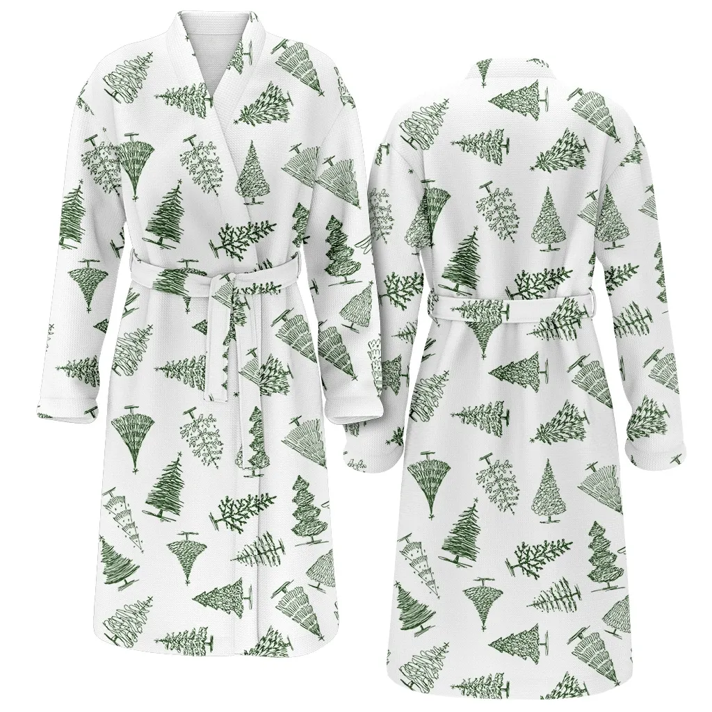 Green Chirstmas Trees On White Background Christmas Gift Family Matching Kimono Bathrobe Satin Fleece Robe