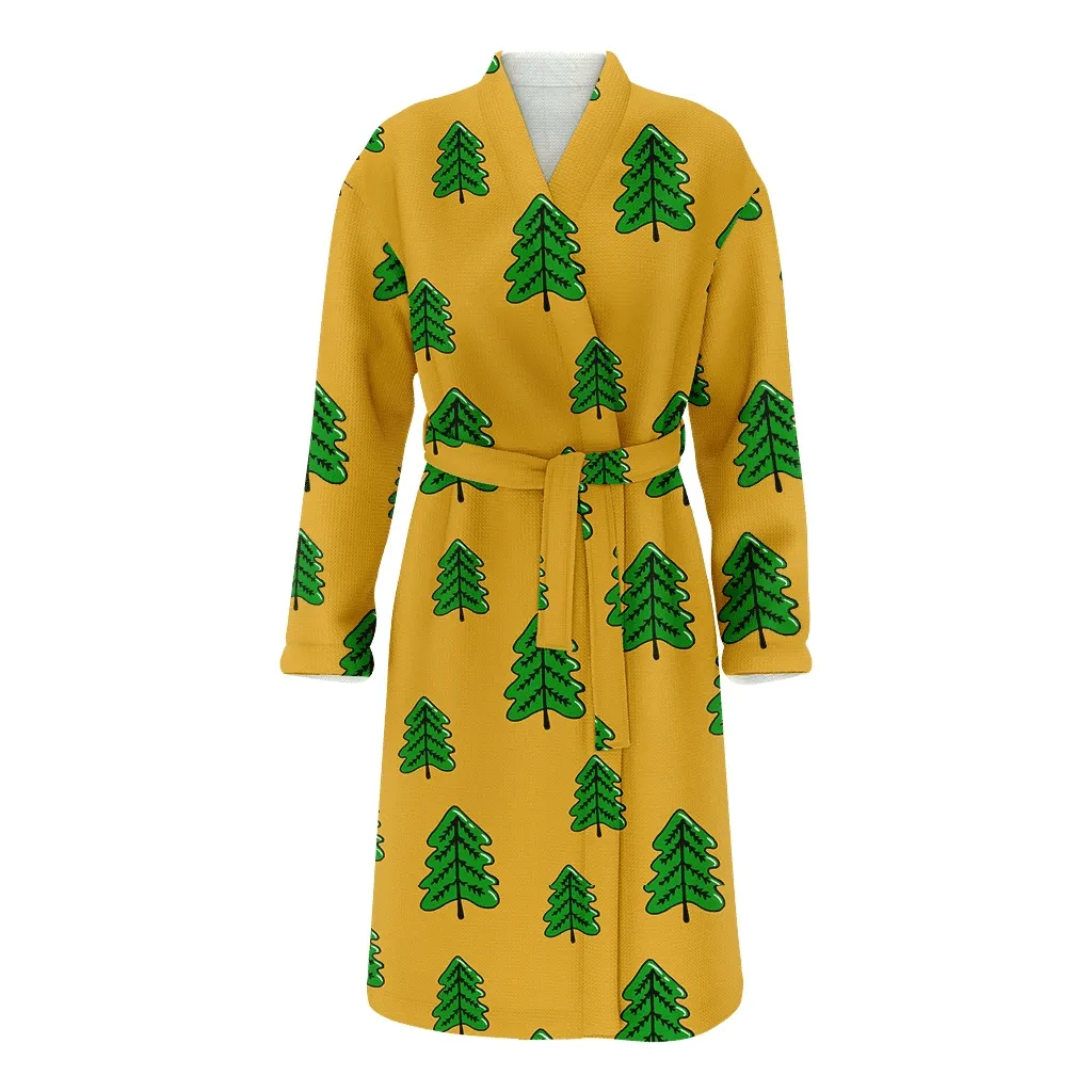Green Christmas Gift Trees On Yellow Background Family Matching Kimono Bathrobe Satin Fleece Robe