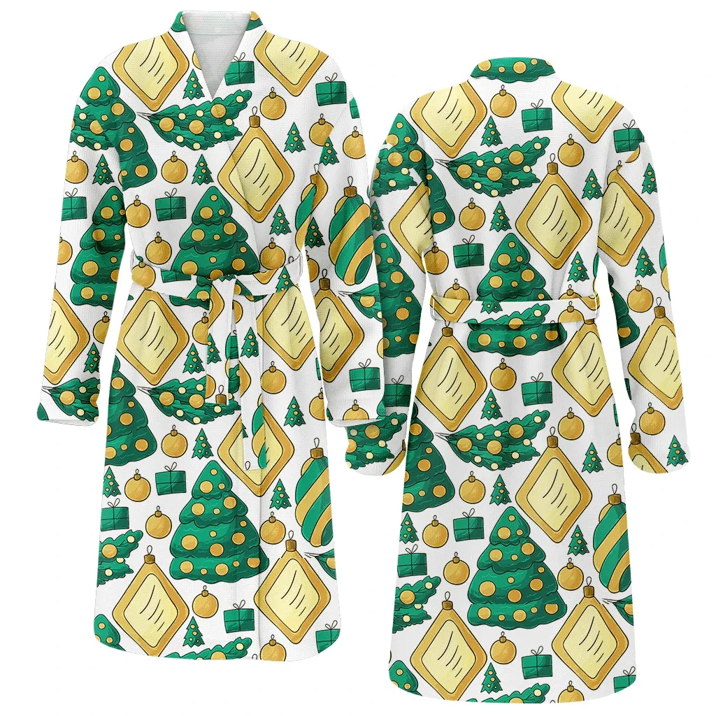 Green Christmas Gift Trees With Yellow Light Balls And Gifts Family Matching Kimono Bathrobe Satin Fleece Robe