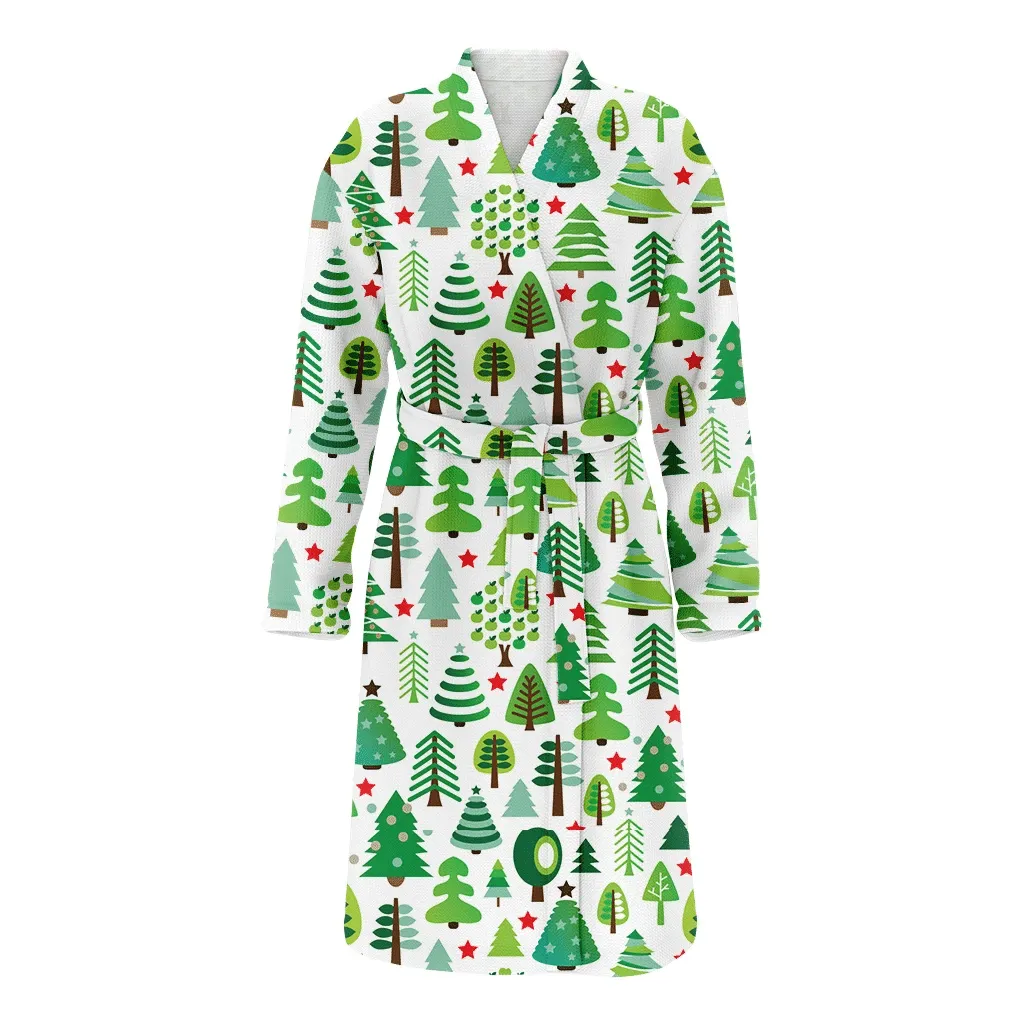 Green Cute Christmas Gift Trees And Red Stars Family Matching Kimono Bathrobe Satin Fleece Robe