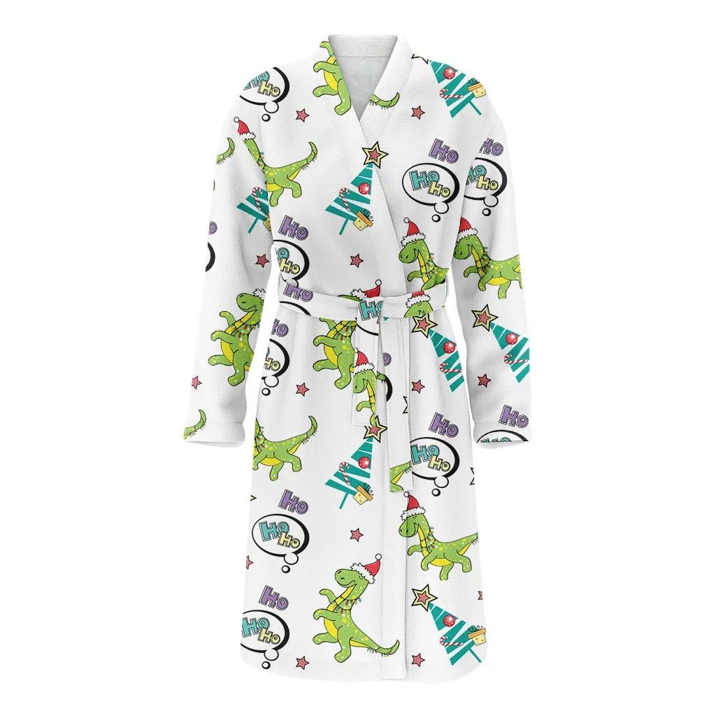 Green Dinosaur In Santa Claus Hat And Christmas Tree Family Matching Kimono Bathrobe Satin Fleece Robe