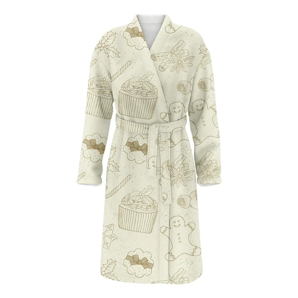 Hand Drawn Christmas Gift Cakes Beige Background Family Matching Kimono Bathrobe Satin Fleece Robe