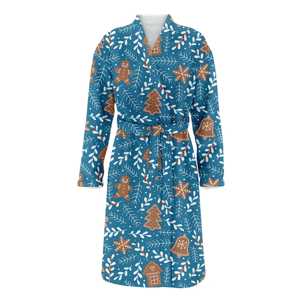 Hand Drawn Christmas Gift Tree Branch With Gingerbread Cookies Family Matching Kimono Bathrobe Satin Fleece Robe