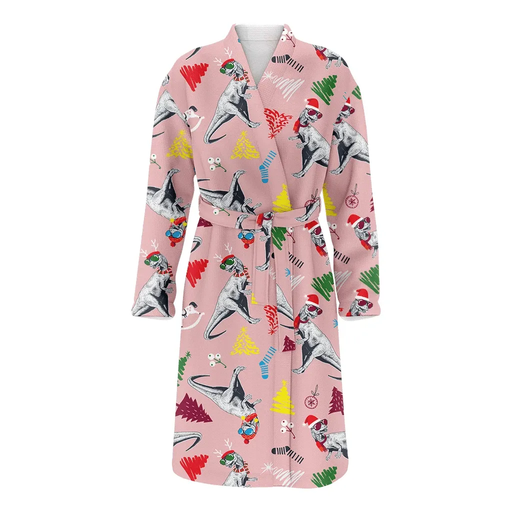 Hand Drawn Cool Dinosaurs With Colorful Glasses Christmas Family Matching Kimono Bathrobe Satin Fleece Robe