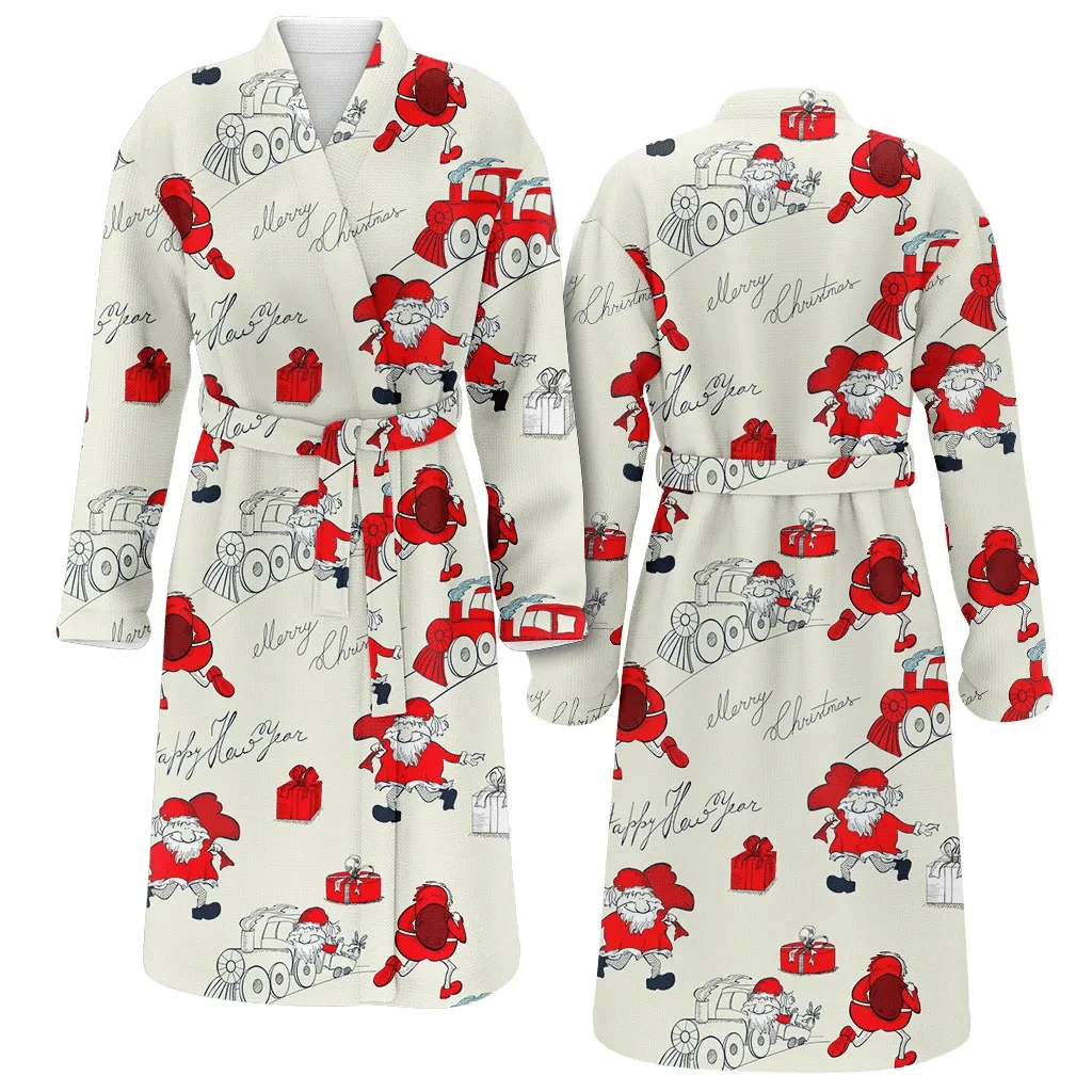Hand Drawn Funny Santa Claus And Train In Red Color Christmas Gift Family Matching Kimono Bathrobe Satin Fleece Robe