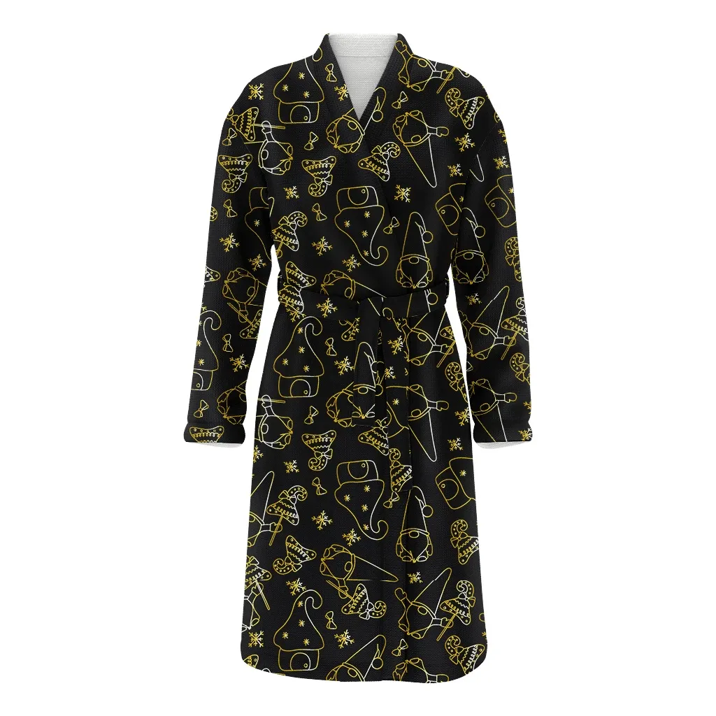 Hand Drawn Gold Lines Gnomes Mushroom Houses Pattern Christmas Family Matching Kimono Bathrobe Satin Fleece Robe