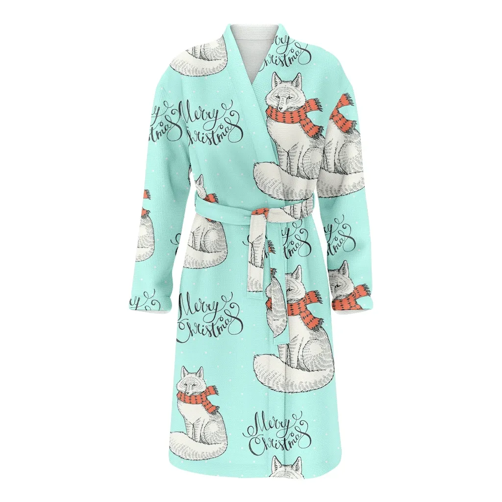 Hand Drawn Illustration With White Fox In A Scarf Christmas Family Matching Kimono Bathrobe Satin Fleece Robe