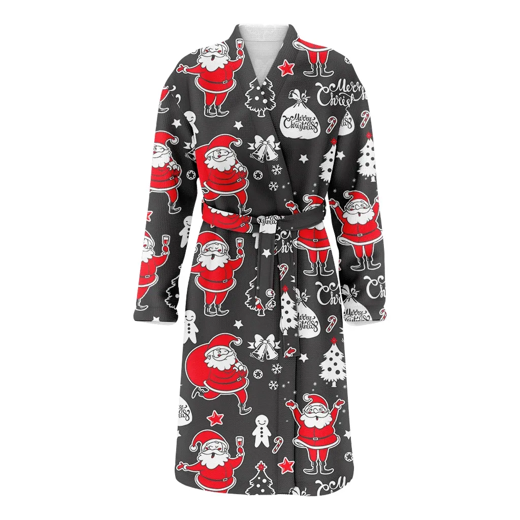 Hand Drawn Santa With Christmas Gift Gifts In Forest Design Family Matching Kimono Bathrobe Satin Fleece Robe