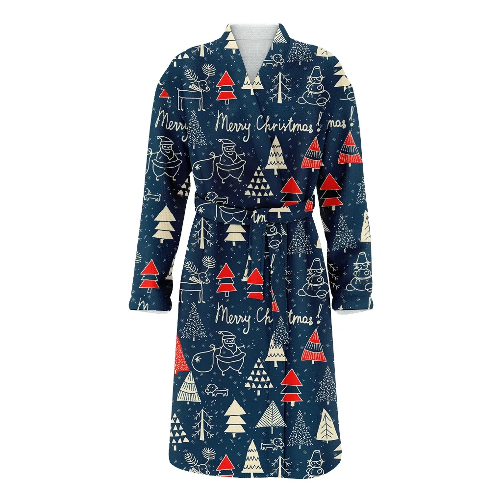 Hand Painted Christmas Forest With Santa Claus Reindeer And Snowflakes Family Matching Kimono Bathrobe Satin Fleece Robe