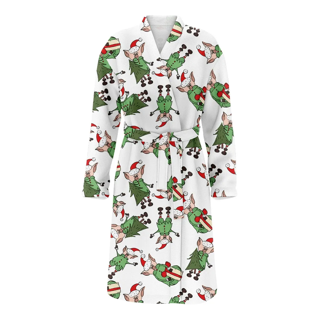 Hand Painted Funny Pig Elf Gnomes Pattern Christmas Family Matching Kimono Bathrobe Satin Fleece Robe