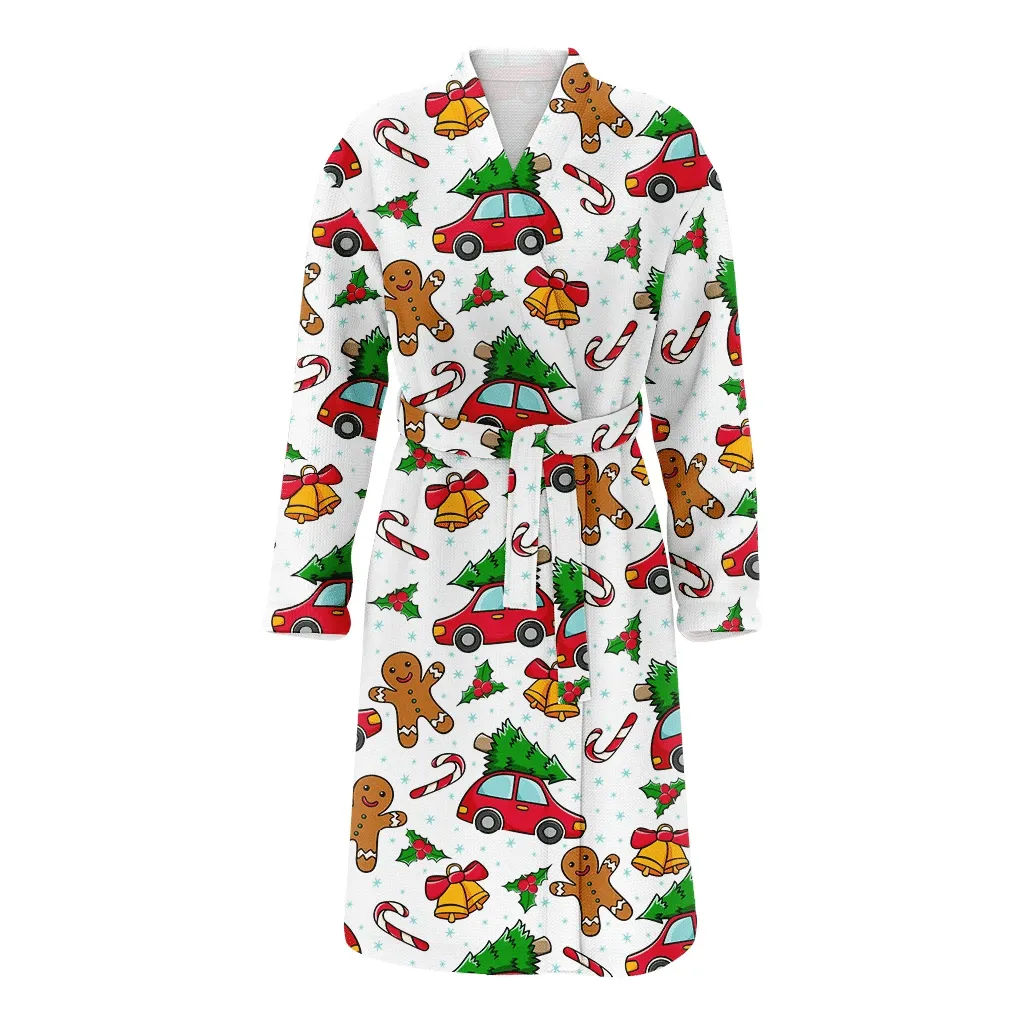 Hand Painting Red Car Carries Tree Cookies Candy Cane And Bell Christmas Family Matching Kimono Bathrobe Satin Fleece Robe