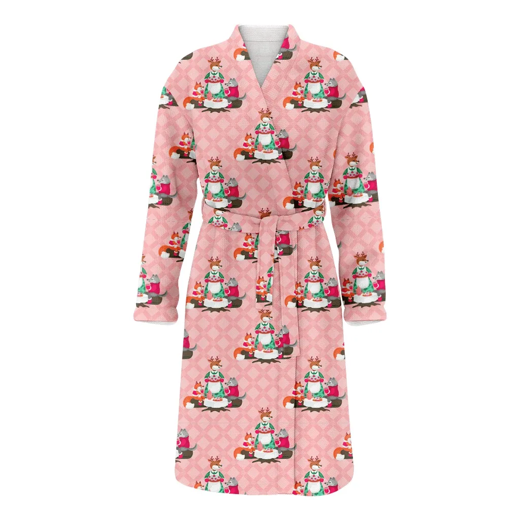 Happy Christmas Day With Wolf Cartoon Style Family Matching Kimono Bathrobe Satin Fleece Robe