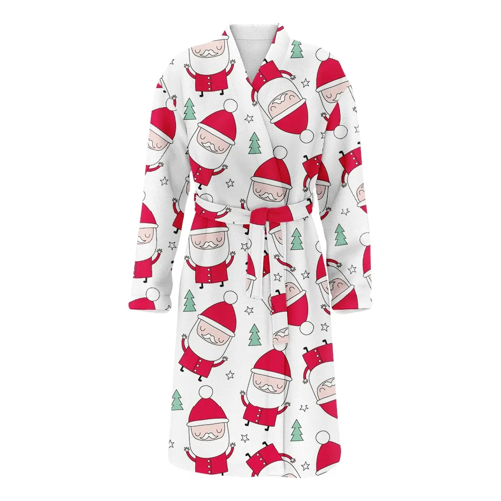 Happy Christmas Gift Holiday Santa Claus Hand Drawn Pattern Family Matching Kimono Bathrobe Satin Fleece Robe