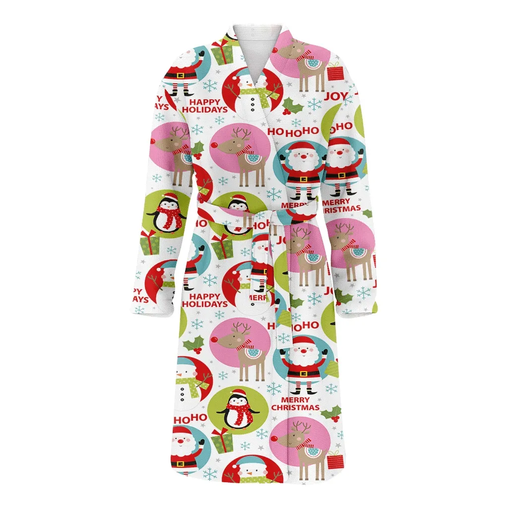 Happy Christmas Holiday With Santa Snowman And Reindeer Family Matching Kimono Bathrobe Satin Fleece Robe