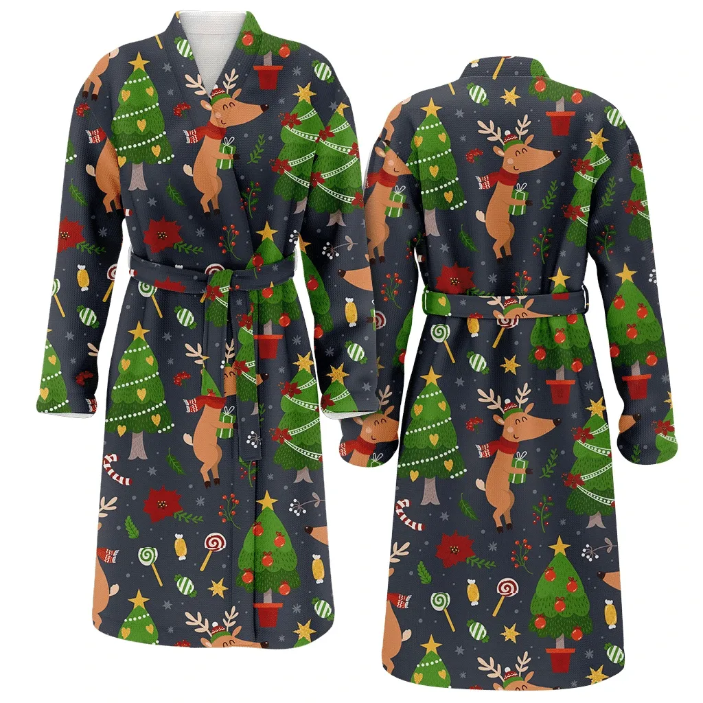 Happy Deers Hold Gift And Christmas Gift Tree Family Matching Kimono Bathrobe Satin Fleece Robe