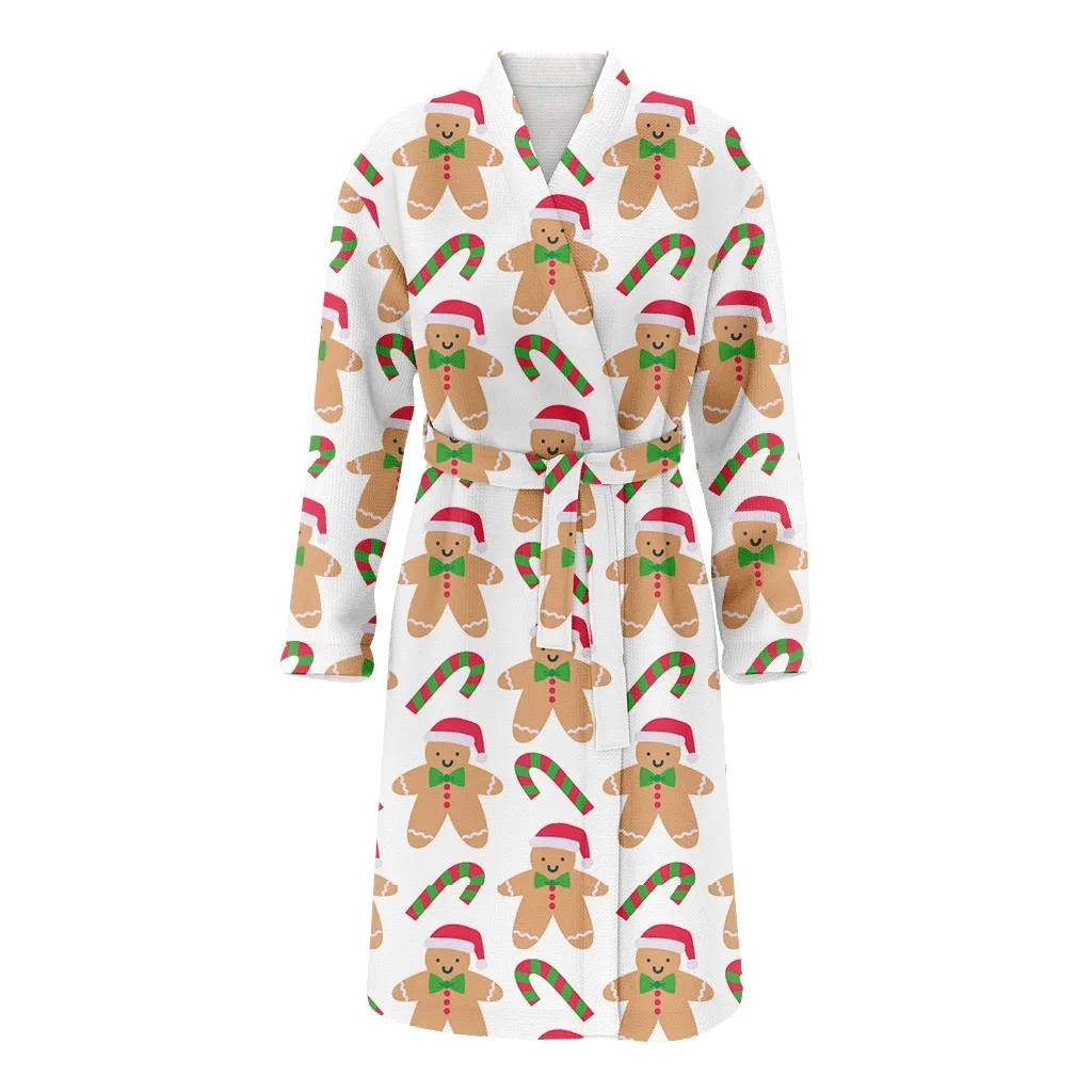 Happy Gingerbread Man And Christmas Gift Candy Cane Family Matching Kimono Bathrobe Satin Fleece Robe