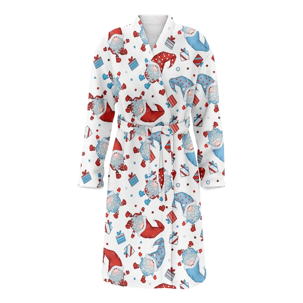 Happy Gnomes With Blue And Red Cap Gifts Boxes Heart Symbols Pattern Christmas Family Matching Kimono Bathrobe Satin Fleece Robe