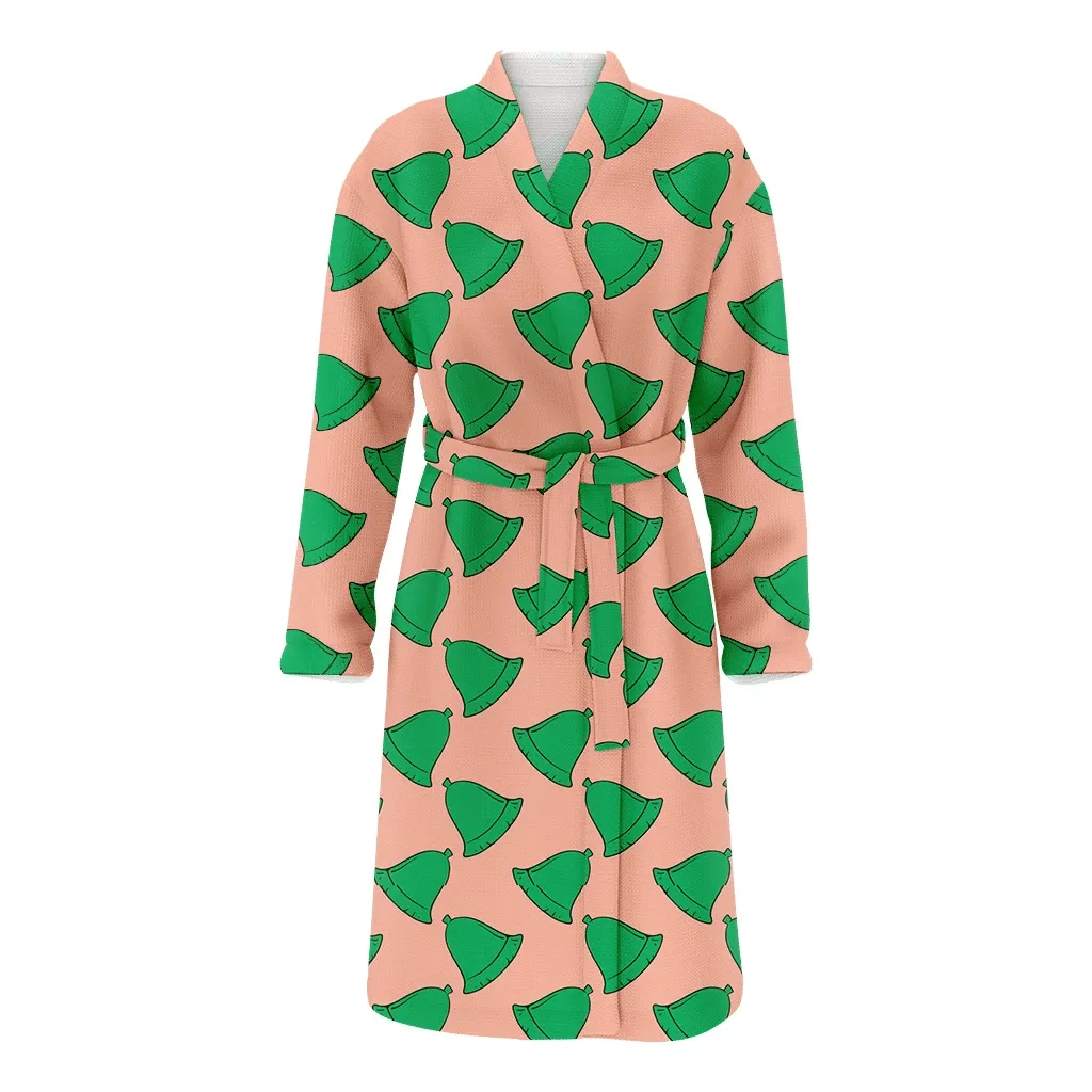 Happy Holidays Green Bells On Pink Background Pattern Christmas Family Matching Kimono Bathrobe Satin Fleece Robe