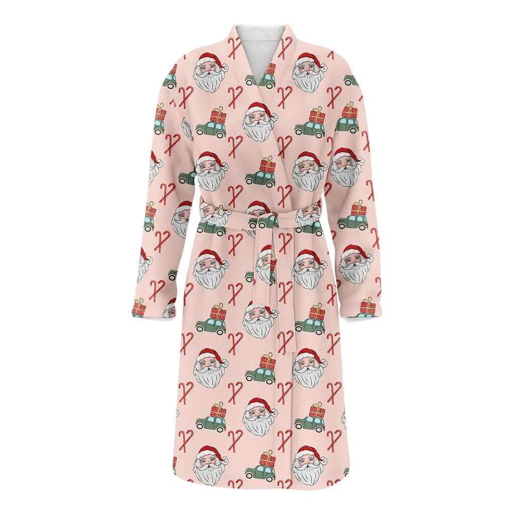 Happy Santa Claus With Green Cars Candy Canes Pattern Christmas Gift Family Matching Kimono Bathrobe Satin Fleece Robe