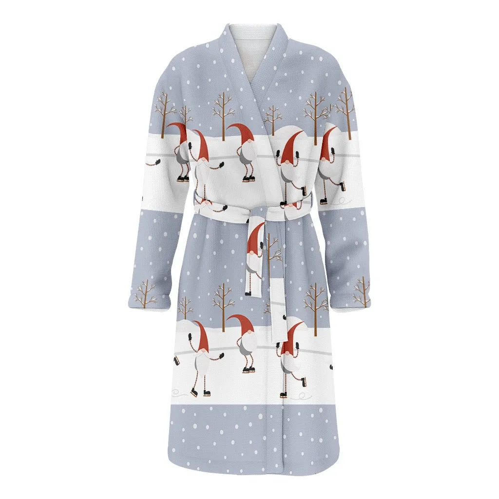Happy Skiing With Gnomes Family Christmas Festive Family Matching Kimono Bathrobe Satin Fleece Robe