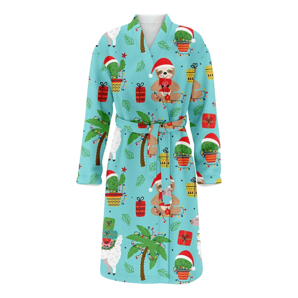 Happy Sloth With Gift And Cute Christmas Cactus Family Matching Kimono Bathrobe Satin Fleece Robe