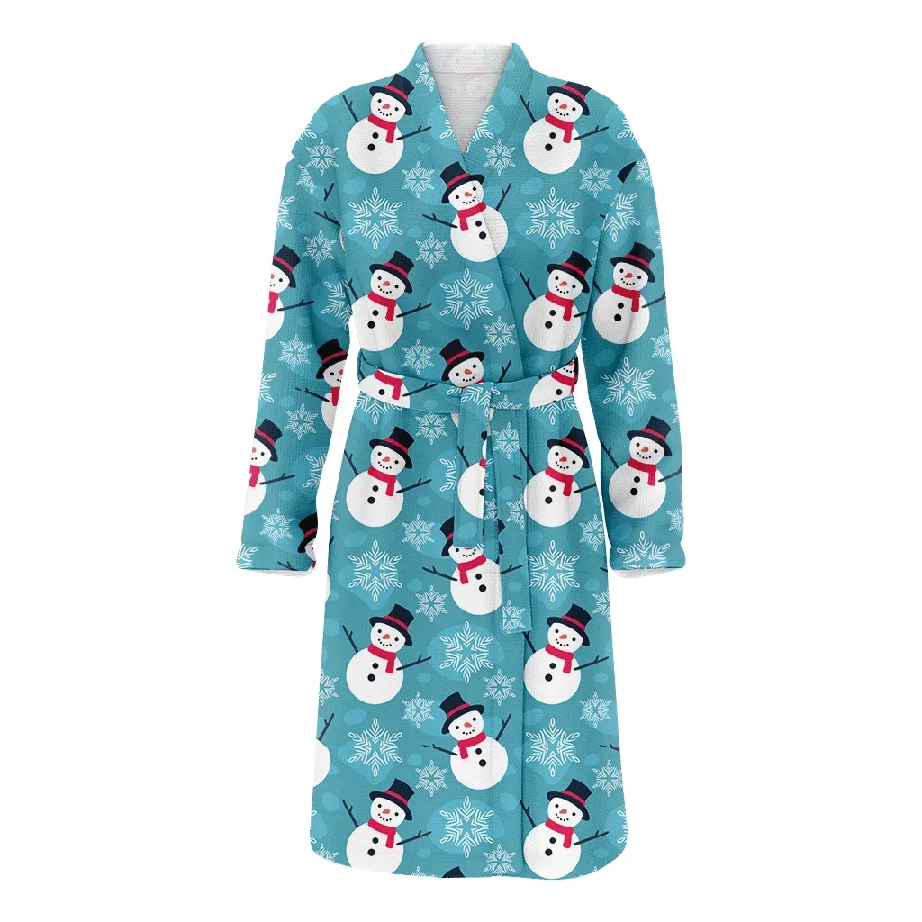 Happy Snowman And Christmas Snowflake On Blue Family Matching Kimono Bathrobe Satin Fleece Robe