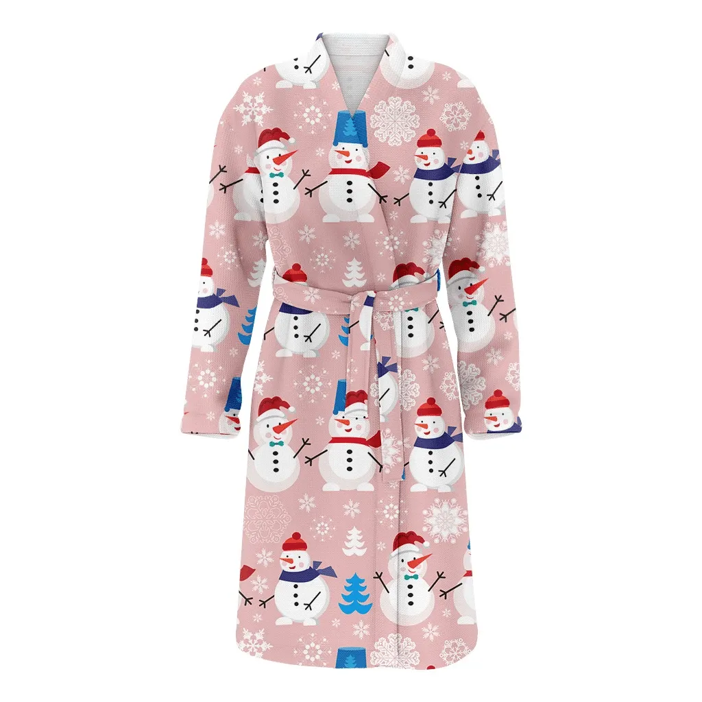 Happy Snowman Blue Christmas Tree And Snowflake Family Matching Kimono Bathrobe Satin Fleece Robe