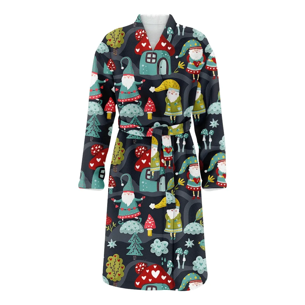 Happy Village Of Gnomies Heart Trees Pattern Christmas Family Matching Kimono Bathrobe Satin Fleece Robe
