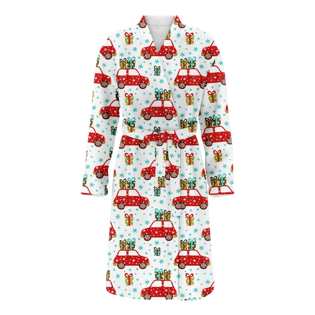 Hello Winter Red Car Carrying Gift Boxes Pattern Christmas Gift Family Matching Kimono Bathrobe Satin Fleece Robe