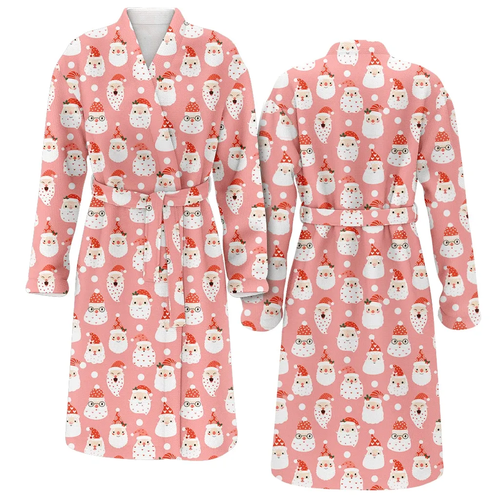 Hipster Santa Faces On Pink Background For Merry Christmas Gift Family Matching Kimono Bathrobe Satin Fleece Robe