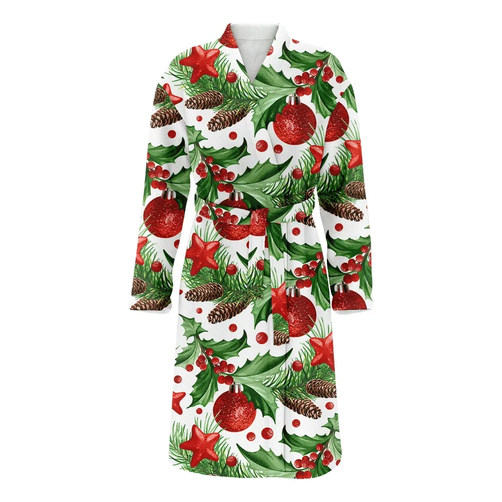 Holly Leaves Christmas Tree With Cones Stars And Balls Family Matching Kimono Bathrobe Satin Fleece Robe