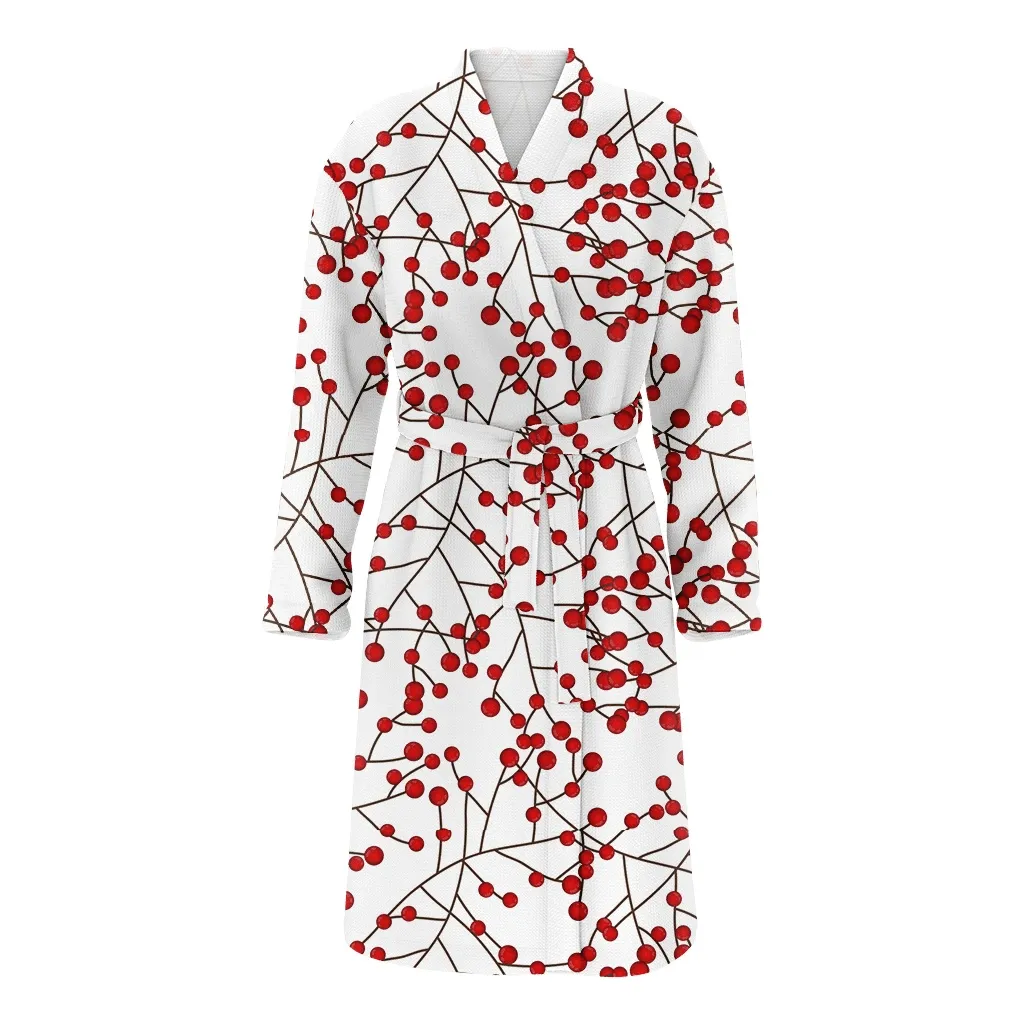 Ideal Christmas Plant Red Berries Art On White Background Family Matching Kimono Bathrobe Satin Fleece Robe