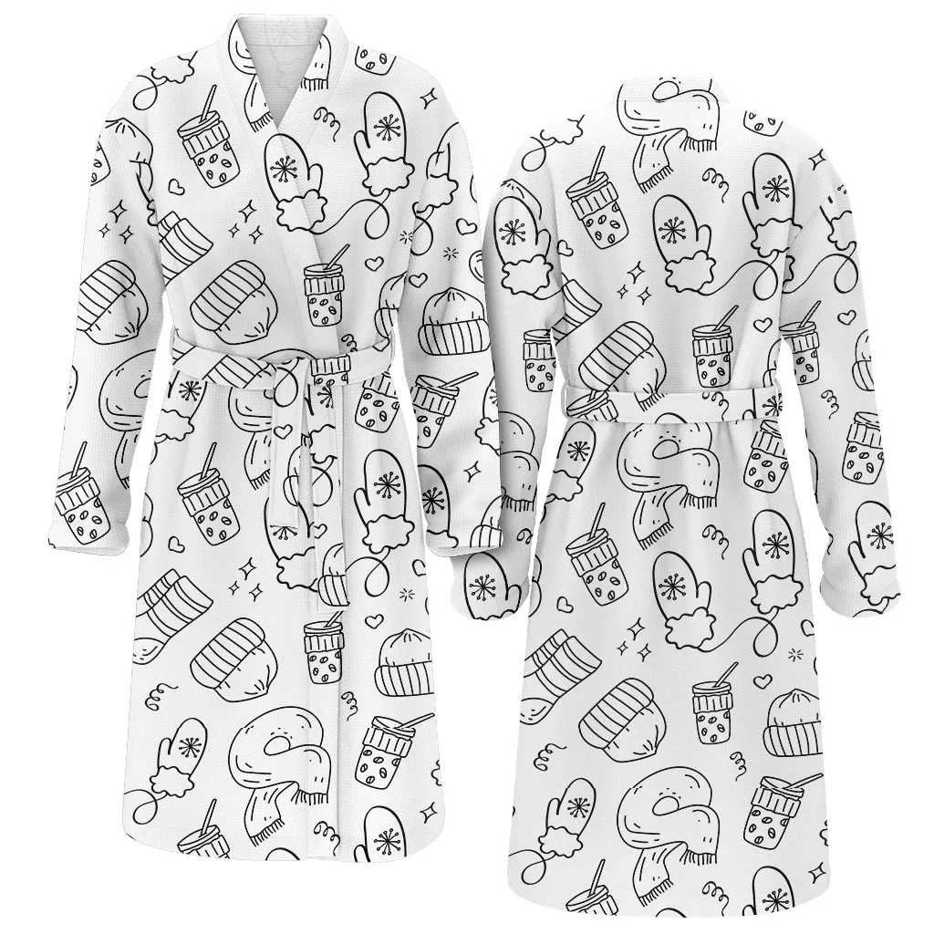 Ideal Doodle Pattern With Hot Coffee Cup Hats And Mittens Christmas Gift Family Matching Kimono Bathrobe Satin Fleece Robe