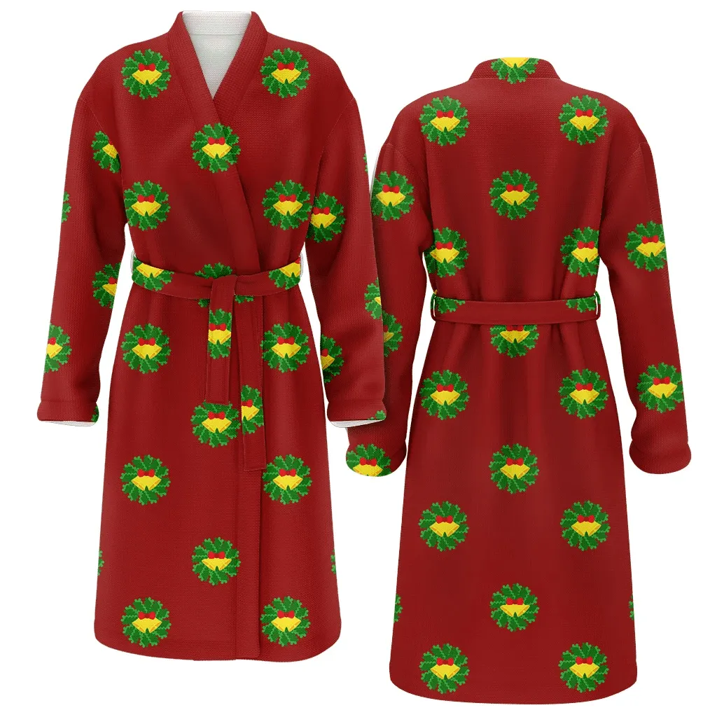 Illustrated Bells Holly Leaves On Red Background Christmas Family Matching Kimono Bathrobe Satin Fleece Robe