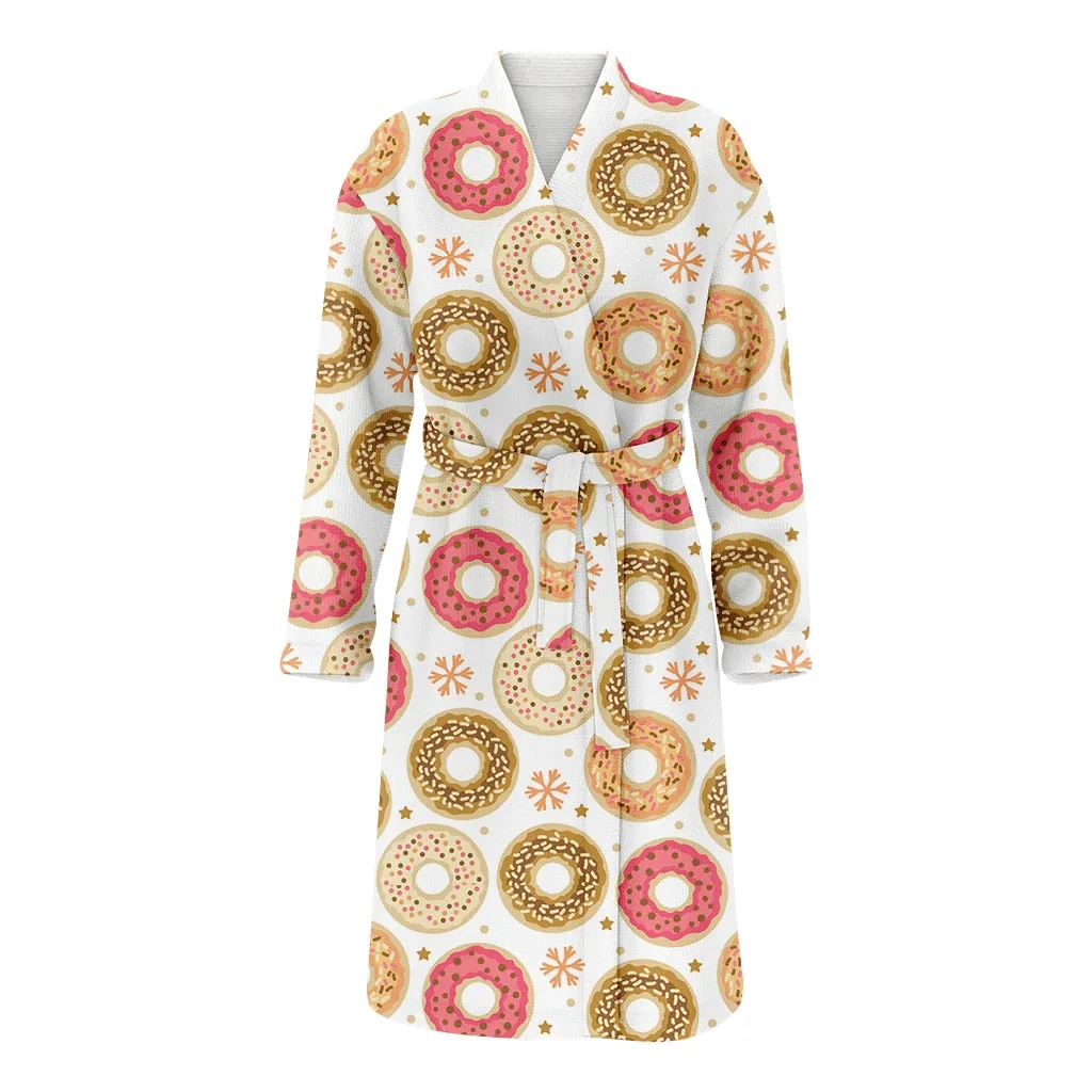 Illustrated Colorful Glaze Donuts With Winter Snowflakes And Stars Christmas Gift Family Matching Kimono Bathrobe Satin Fleece Robe
