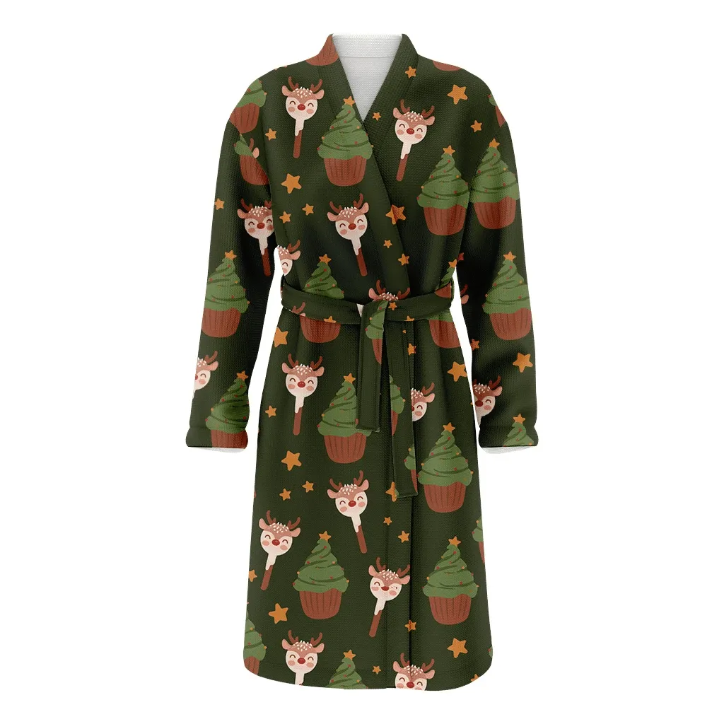 Illustrated Cute Dessert Green Cupcakes Deer Cake Pops And Stars Christmas Gift Family Matching Kimono Bathrobe Satin Fleece Robe